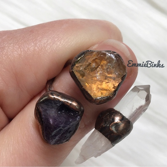 New Triple Crystal Gemstone Ring ~ Natural Amethyst Citrine Clear Quartz Copper - Picture 4 of 16